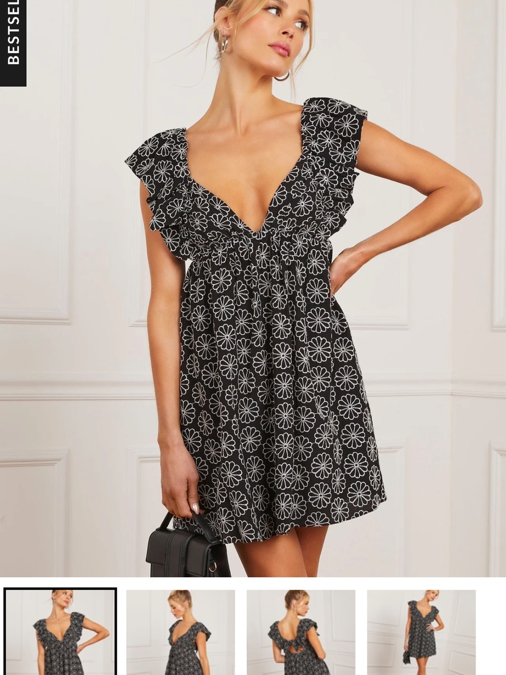 Vici Black & White Floral Ruffle V-Neck Mini Dress